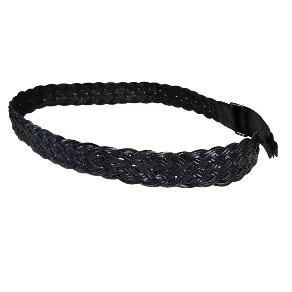 Chico’s- Black Braided Leather Ornate Rising Sun Big Buckle Medallion Belt, S/M